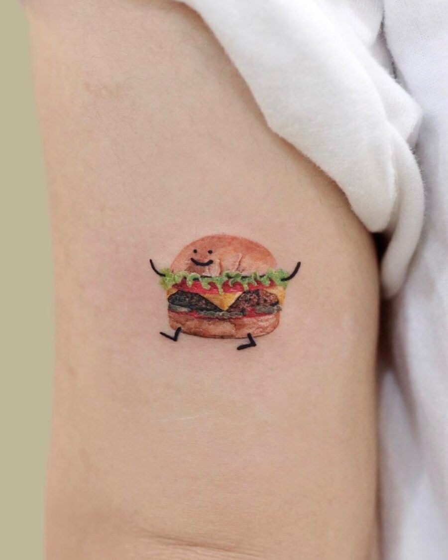 Cute, playful burger tattoo for food lovers Tattoo on skin