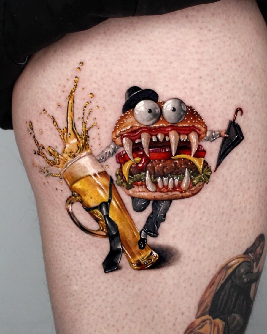 Playful burger tattoo brings fun character to life Tattoo on skin