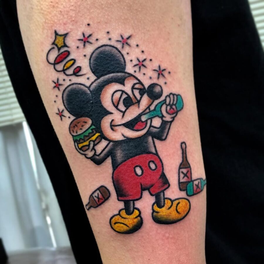 Playful Mickey Enjoying a Burger Tattoo Tattoo on skin