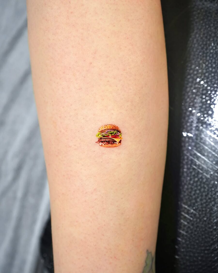 Vibrant Mini Burger Tattoo on Arm Tattoo on skin