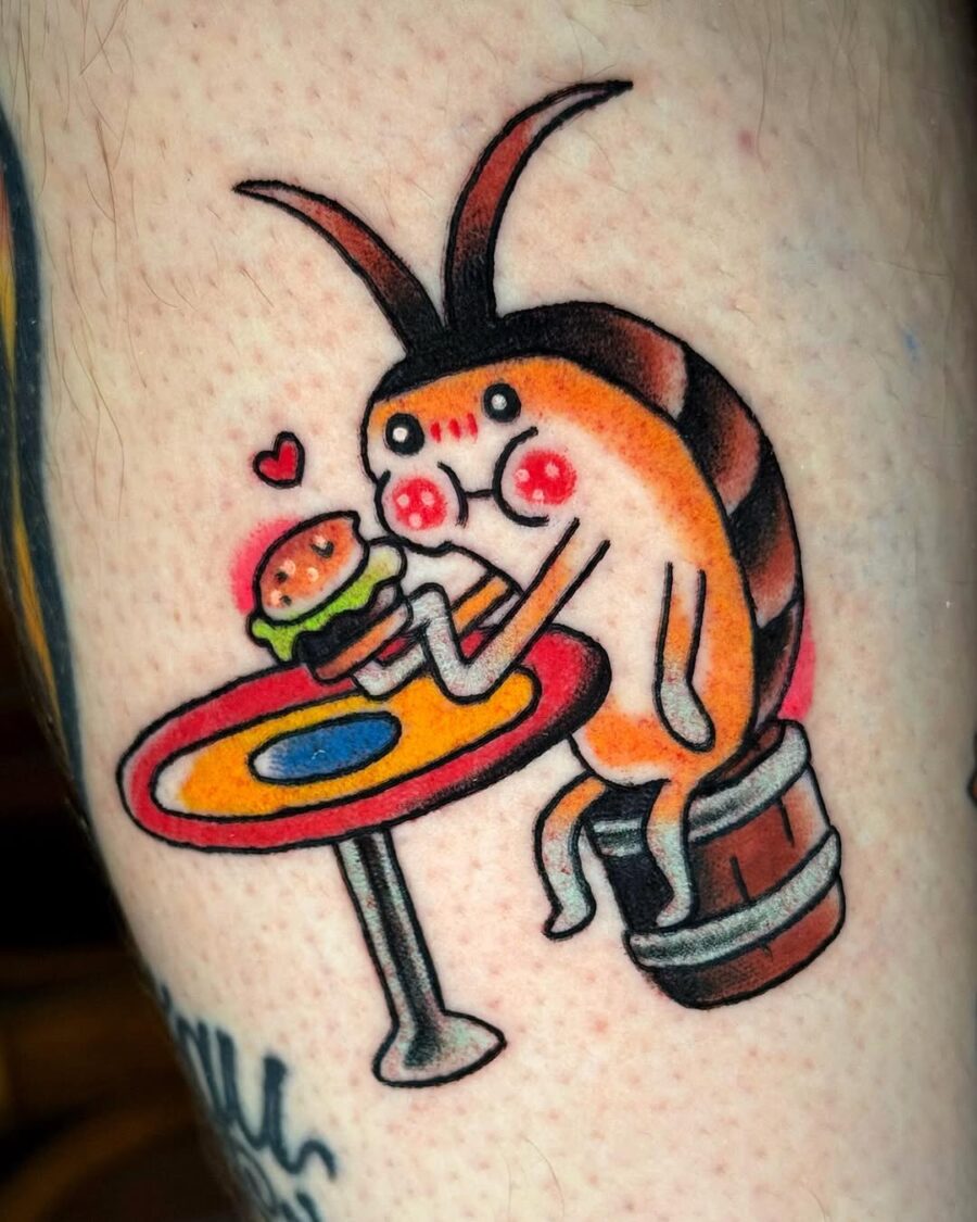 Whimsical bug enjoying a delicious burger tattoo Tattoo on skin