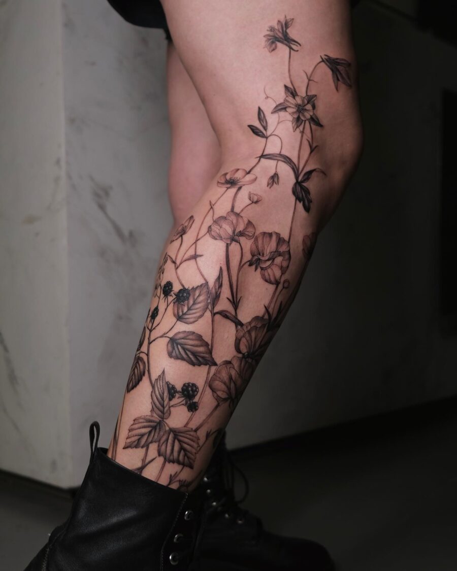 Stunning buttercup flower leg tattoo illustration Tattoo on skin