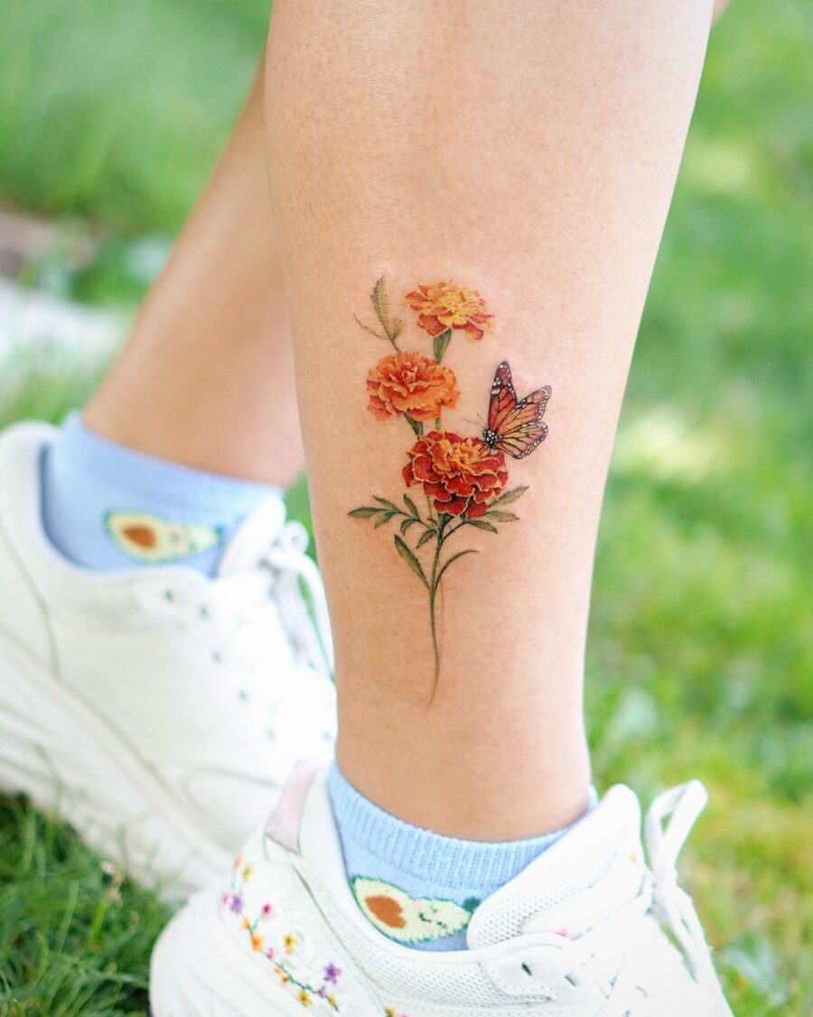 Vibrant Buttercup Flower Tattoo on Leg Tattoo on skin
