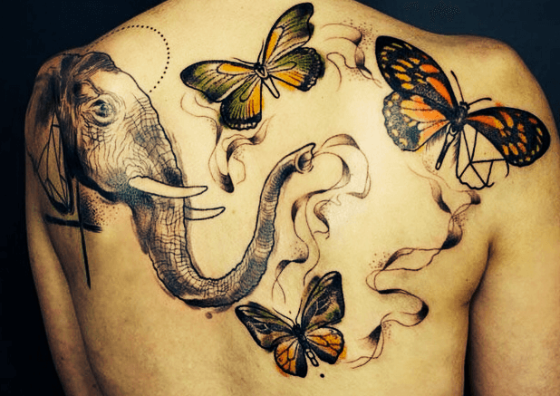 Elephant Breath Three-Butterfly Tattoo Tattoo on skin