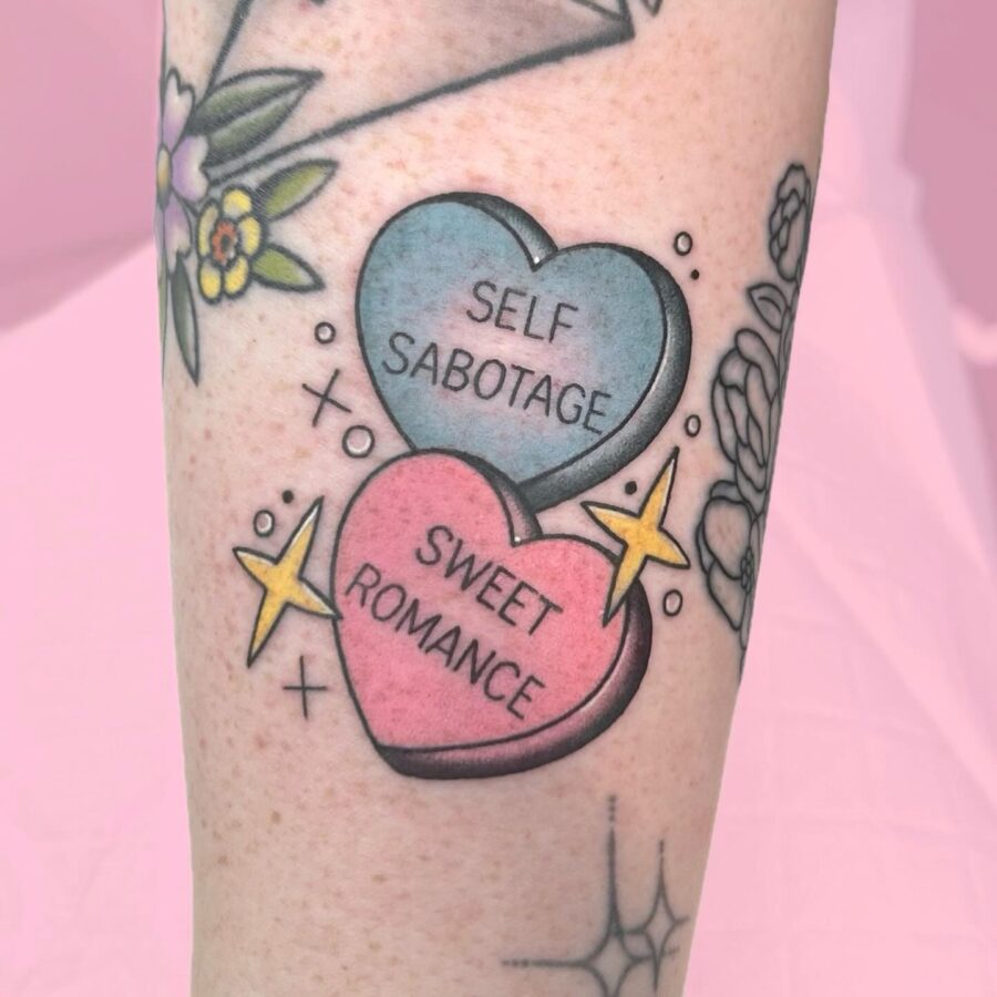 Colorful candy hearts with playful messages candy heart tattoos
