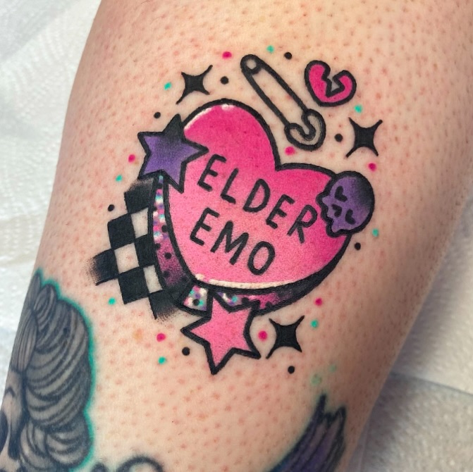 Playful and nostalgic elder emo tattoo design Tattoo on skin