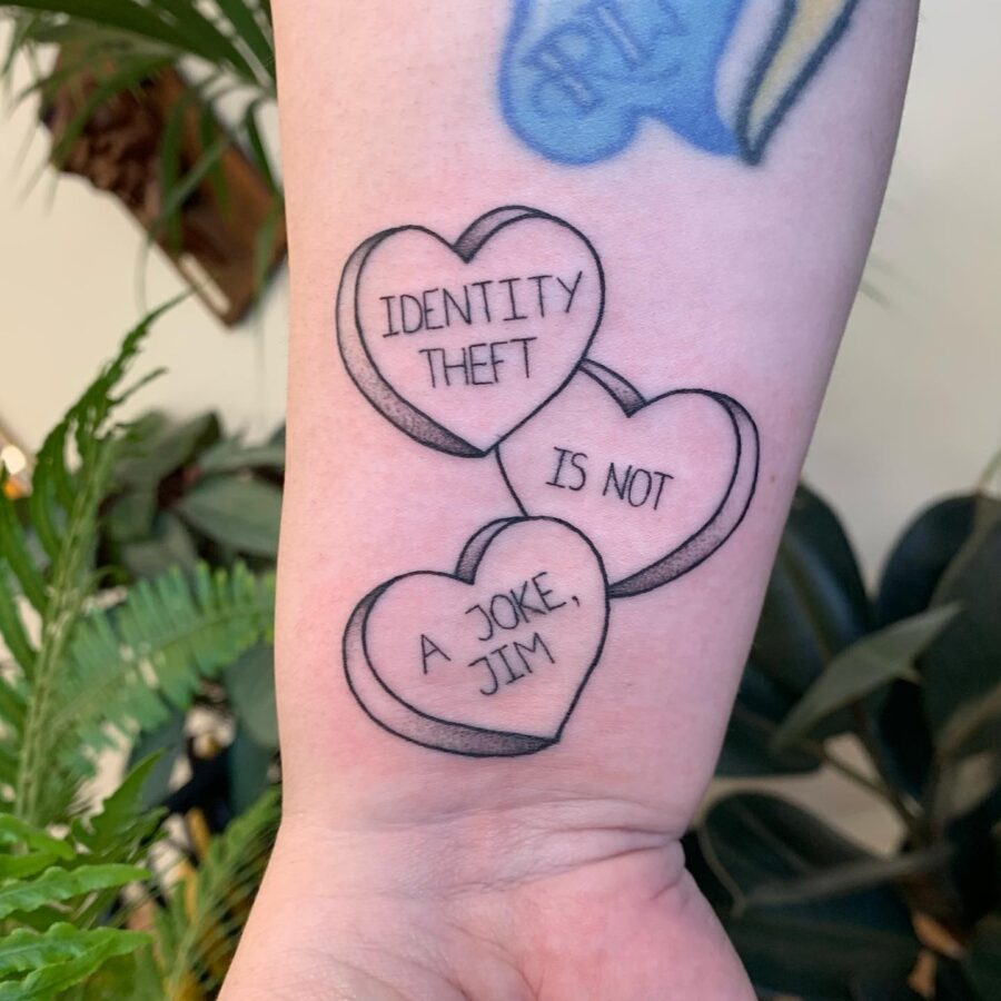 Whimsical candy hearts with a humorous twist Tattoo on skin