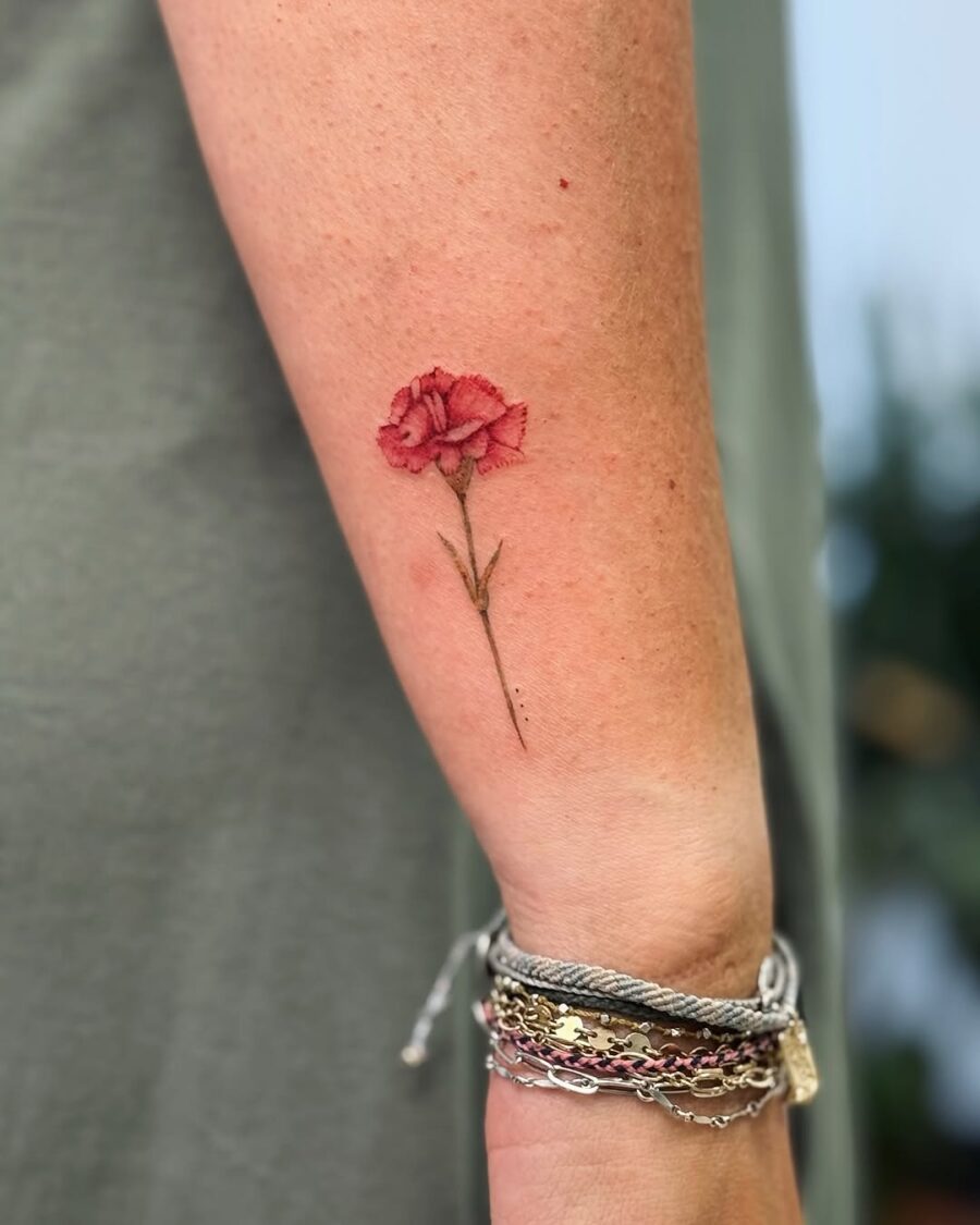 Elegant carnation tattoo on the arm Tattoo on skin