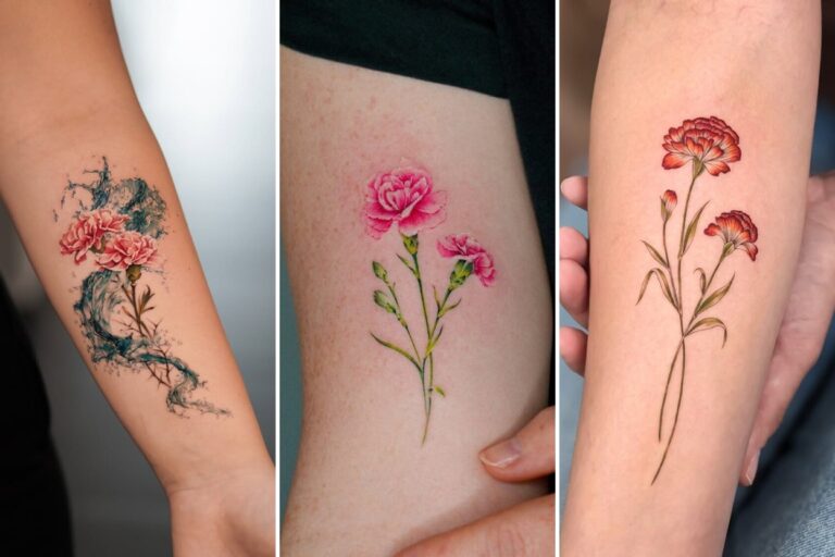 35+ Carnation Tattoo Ideas Blooming With Ruffled Maternal Devotion Featured 3-Panel Lookbook Collage