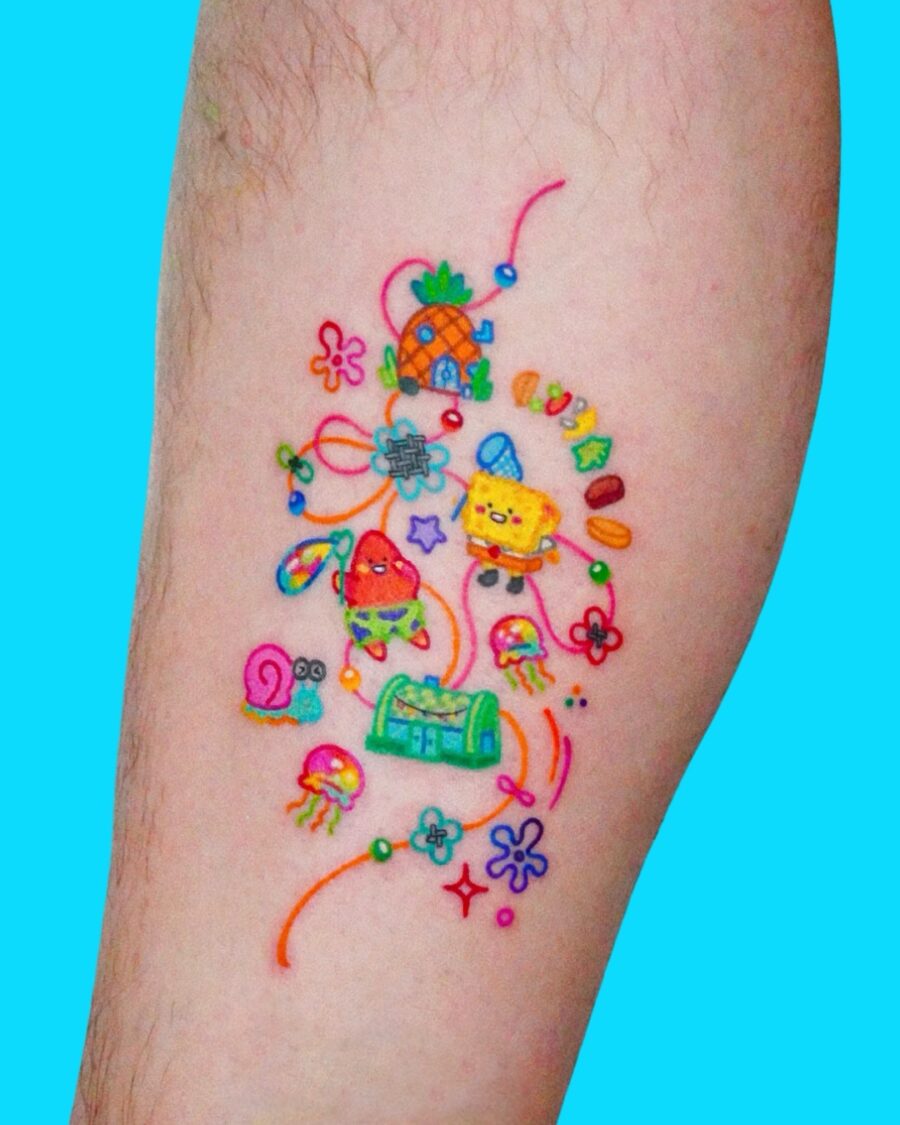 Playful Spongebob-Themed Cartoon Tattoo Art Tattoo on skin