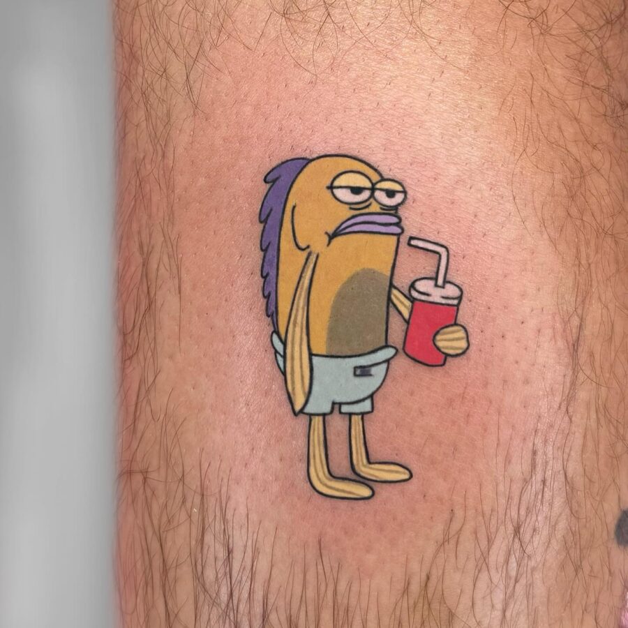 Quirky fish tattoo with drink character Tattoo on skin