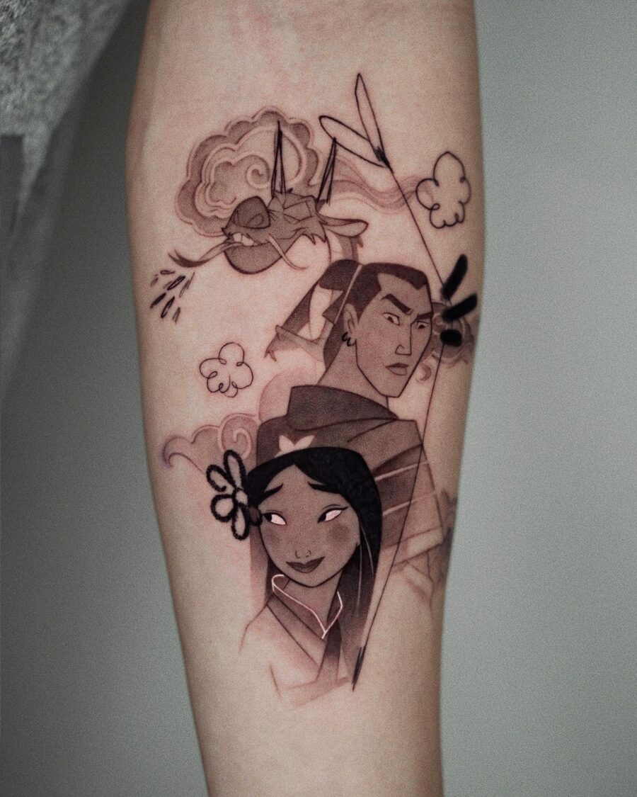 Stunning Mulan tattoo showcasing iconic characters Tattoo on skin
