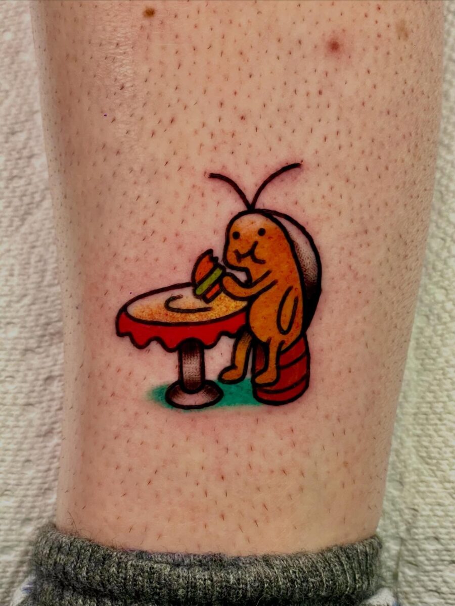 Whimsical bug enjoying a burger tattoo Tattoo on skin