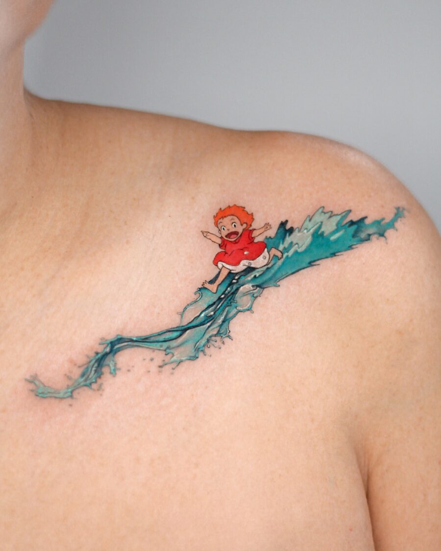 Whimsical surfing boy tattoo on shoulder Tattoo on skin