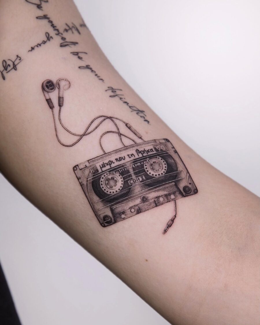 Nostalgic cassette tape tattoo with headphones cassette tape tattoos