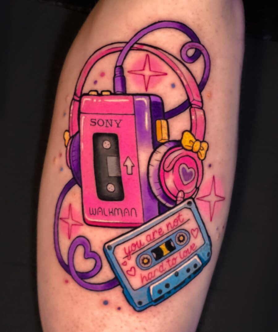 Playful Walkman and cassette tattoo design Tattoo on skin