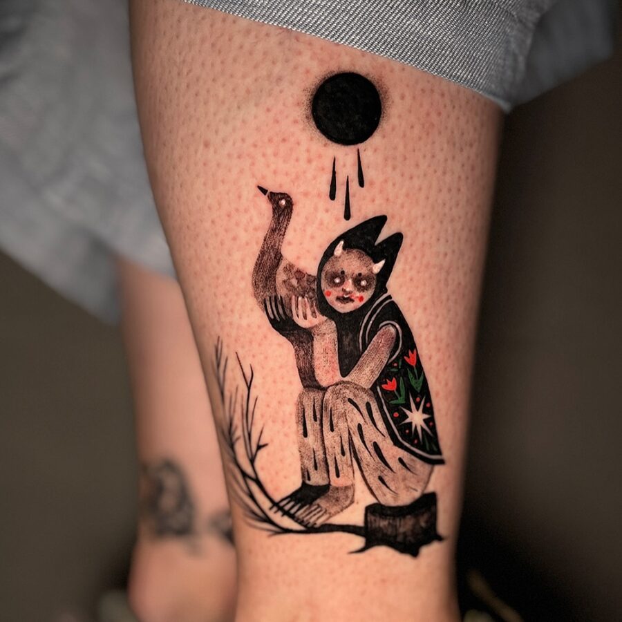 Artistic Celtic tattoo of woman and goose Tattoo on skin