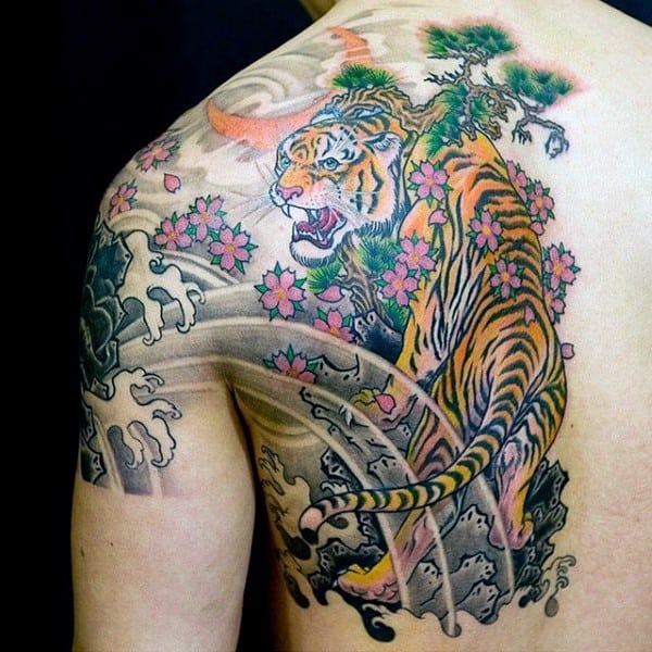 Cherry Blossom Tattoos with a Wild Tiger Tattoo on skin
