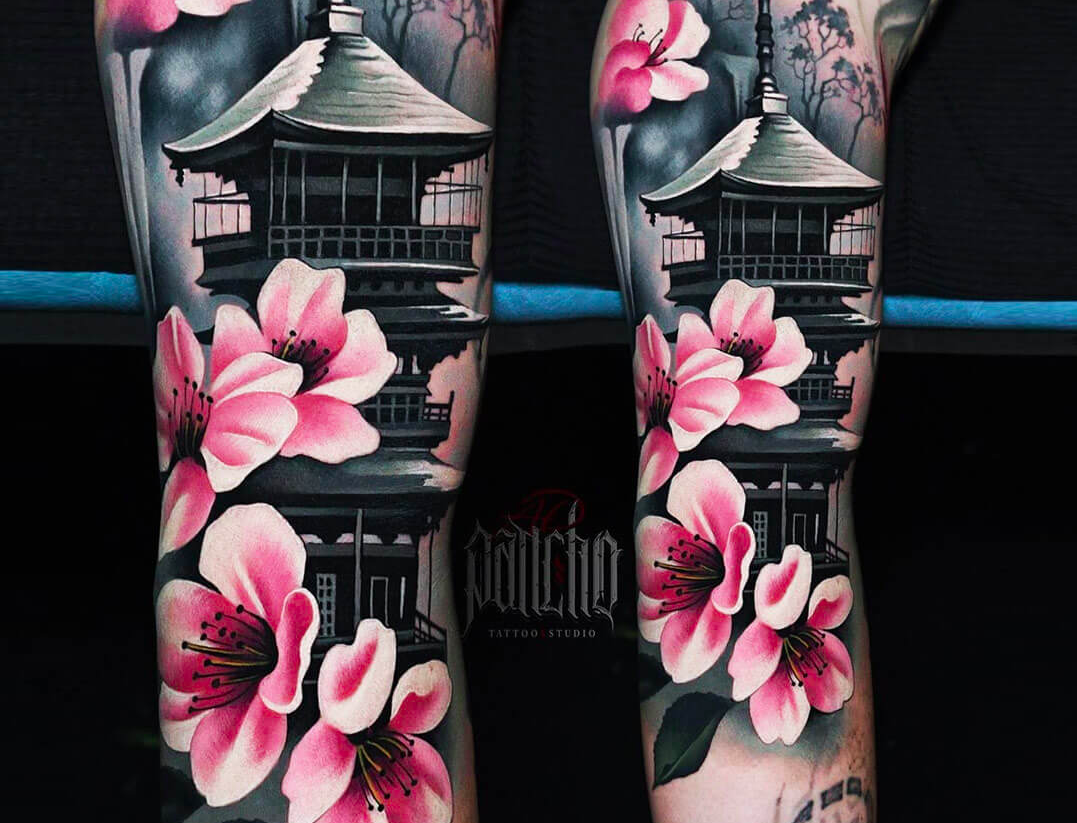The Clear, Detailed Pagoda with Cherry Blossom Tattoos Tattoo on skin