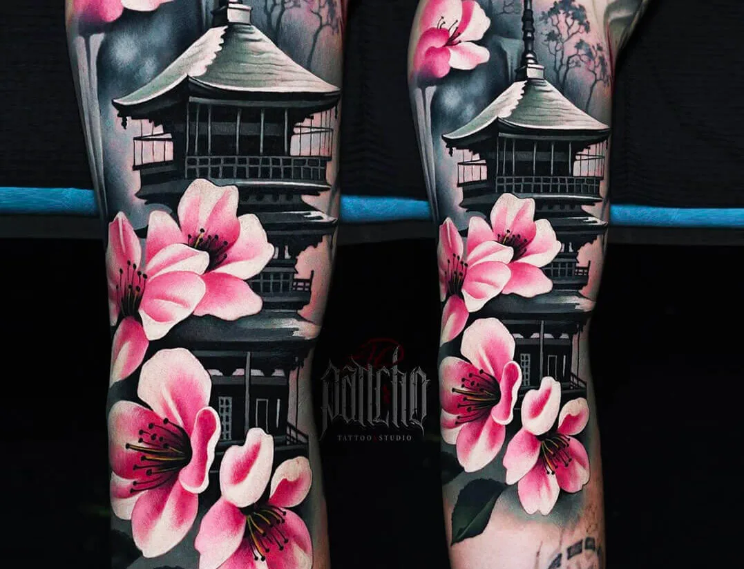 The Clear, Detailed Pagoda with Cherry Blossom Tattoos Tattoo on skin