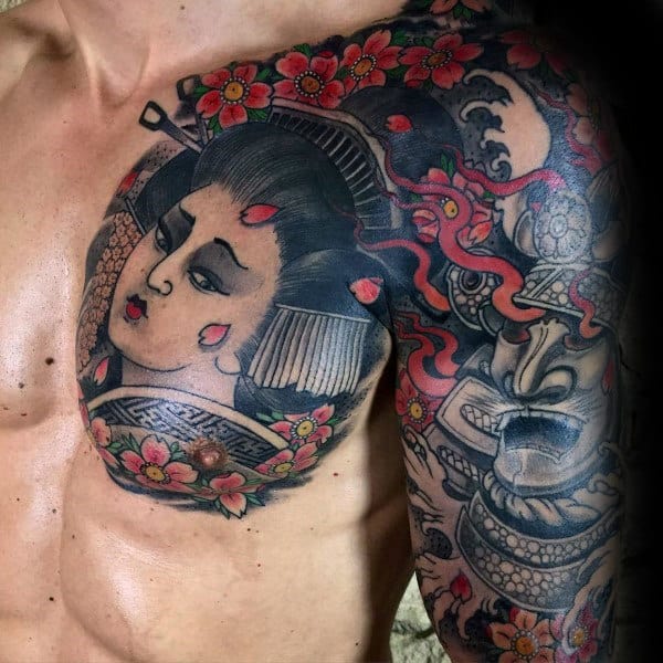 The Geisha and the Samurai Half-Sleeve Tattoo on skin