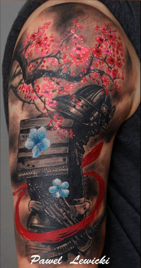 The Grieving Samurai and the Cherry Blossom Tree Tattoo on skin