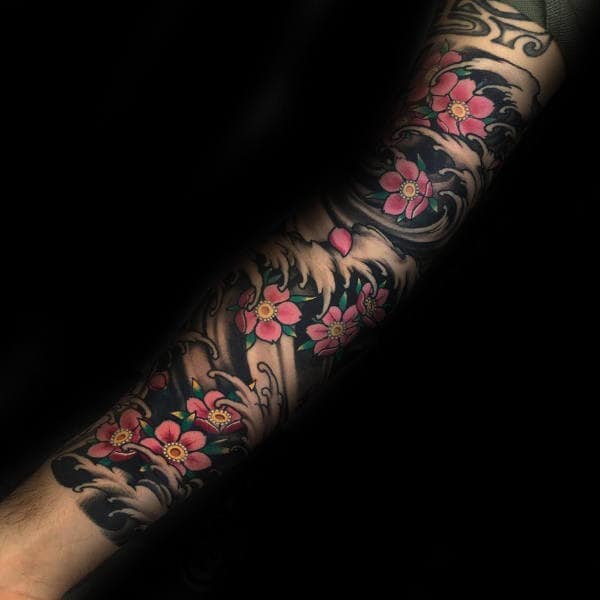The Sleeve of Waves and Cherry Blossom Tattoo Ideas Tattoo on skin