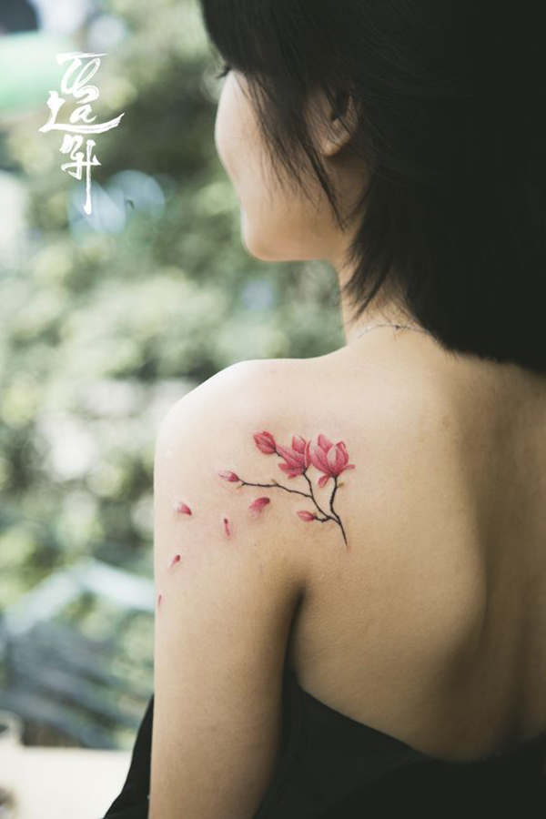 The Small and Delicate Flower Branch on Cherry Blossom Shoulder Tattoo Tattoo on skin