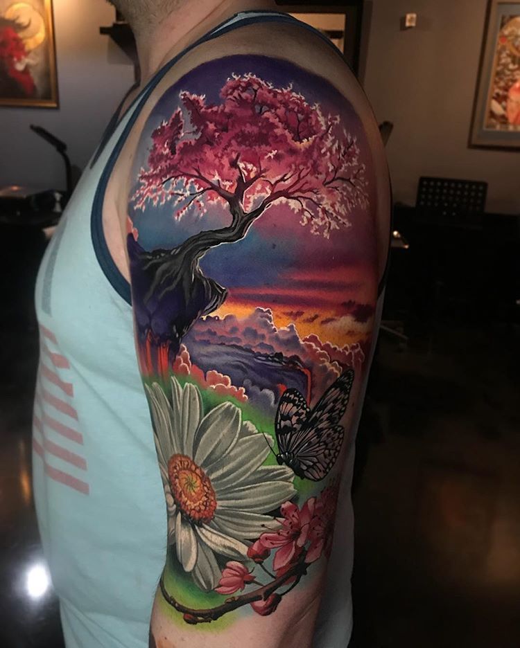 The Stunning Sunrise with Butterfly Tattoo on skin