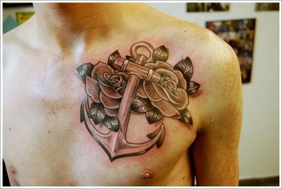 Anchor with Roses Chest Tattoos Tattoo on skin