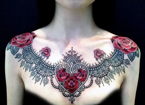 Decorative Hearts and Roses Tattoo Chest Tattoo Tattoo on skin