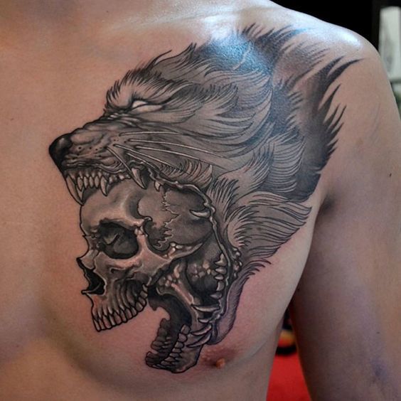 Growling Wolf-Skull Tattoo Chest Tattoo Tattoo on skin