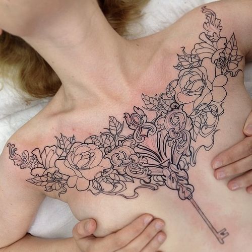 Key To My Heart Flowery Tattoo Chest Tattoo Tattoo on skin
