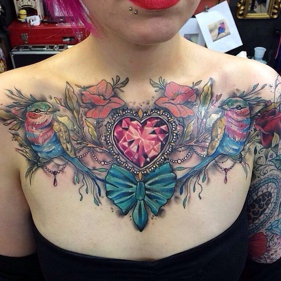 Lovebirds with Precious Heart Gem Tattoo Chest Tattoo Tattoo on skin