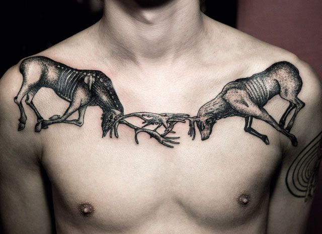 Rams Interlocked Chest Tattoos Tattoo on skin