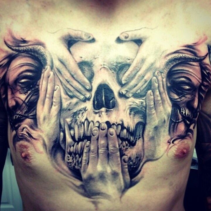 Skull Covering Chest Tattoo Tattoo on skin