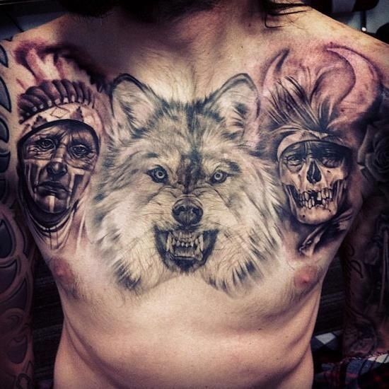 Tribe of Wolves Chest Tattoos Tattoo on skin