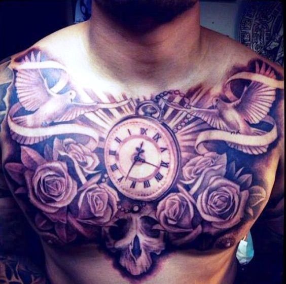 Vintage Clock with Roses Tattoo Chest Tattoo Tattoo on skin