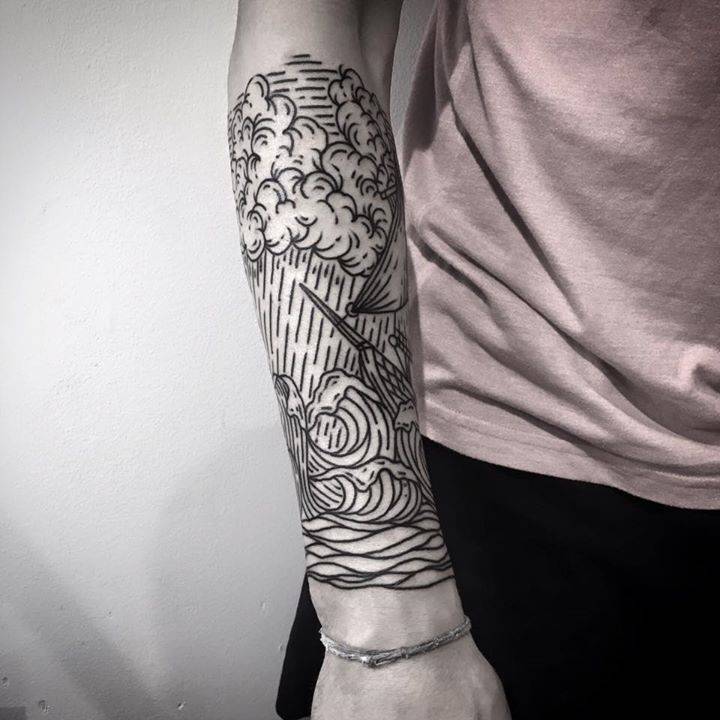 Clouds and Ocean Scene Linework Tattoo Tattoo on skin