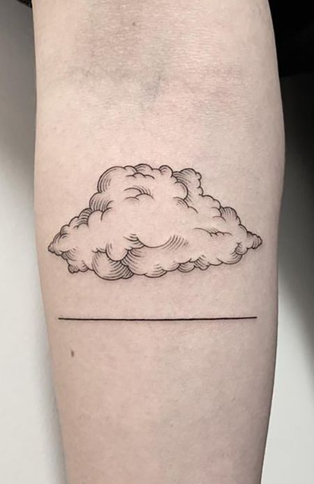 Cumulus Cloud with Line Tattoo in Grayscale Tattoo on skin