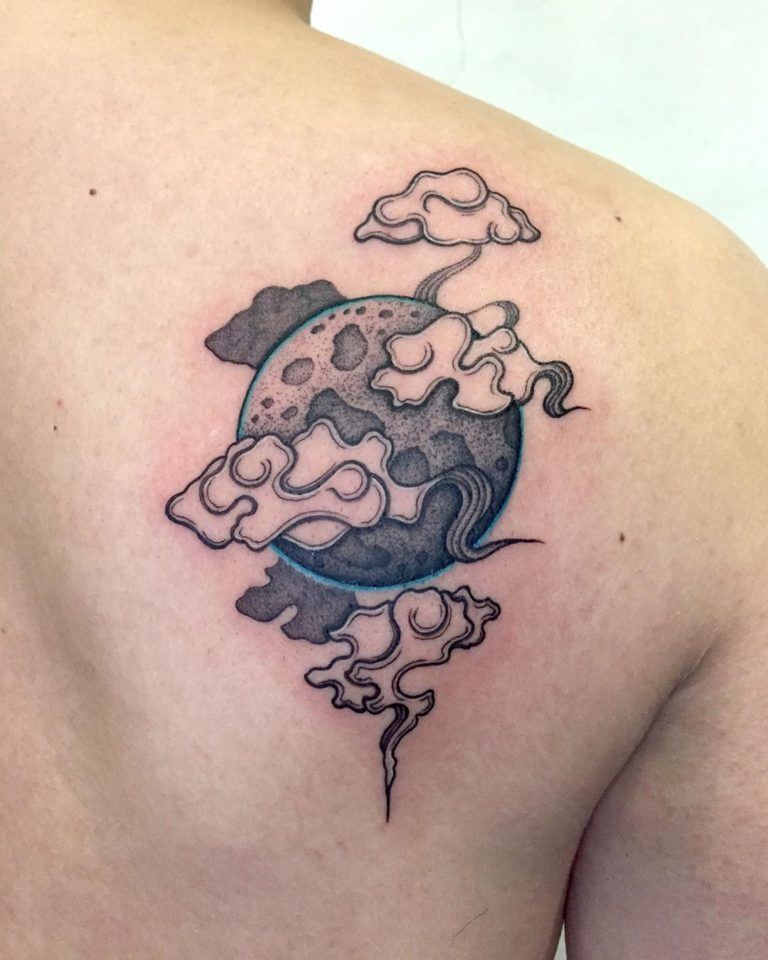 Galaxy Moon and Clouds Grayscale Cloud Tattoos Tattoo on skin