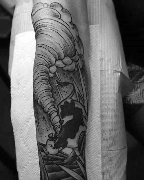 Grayscale Tornado Cloud with Cow Tattoo Tattoo on skin