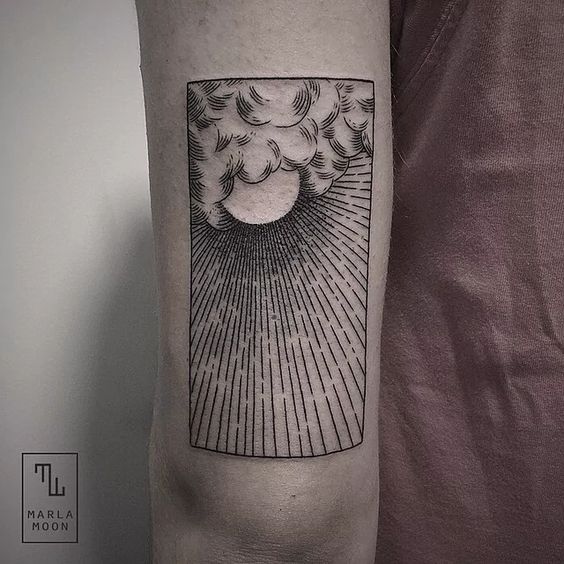 Sun, Clouds and Rays in Rectangle Tattoo Tattoo on skin
