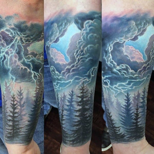 Thundering Clouds and Lightning in Forest Cloud Tattoos Tattoo on skin