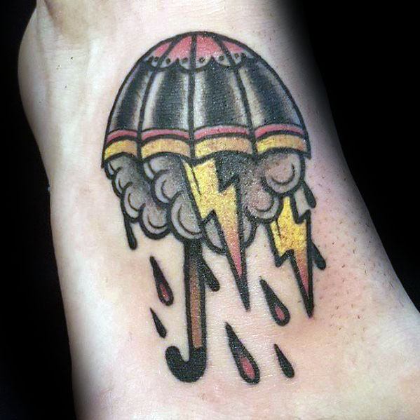 Umbrella with Clouds, Lightning, and Rain Tattoo Tattoo on skin