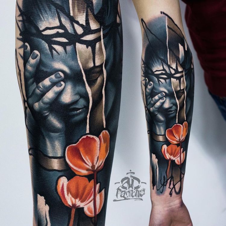 Beauty and Suffering Arm Ink Tattoo Designs Tattoo on skin