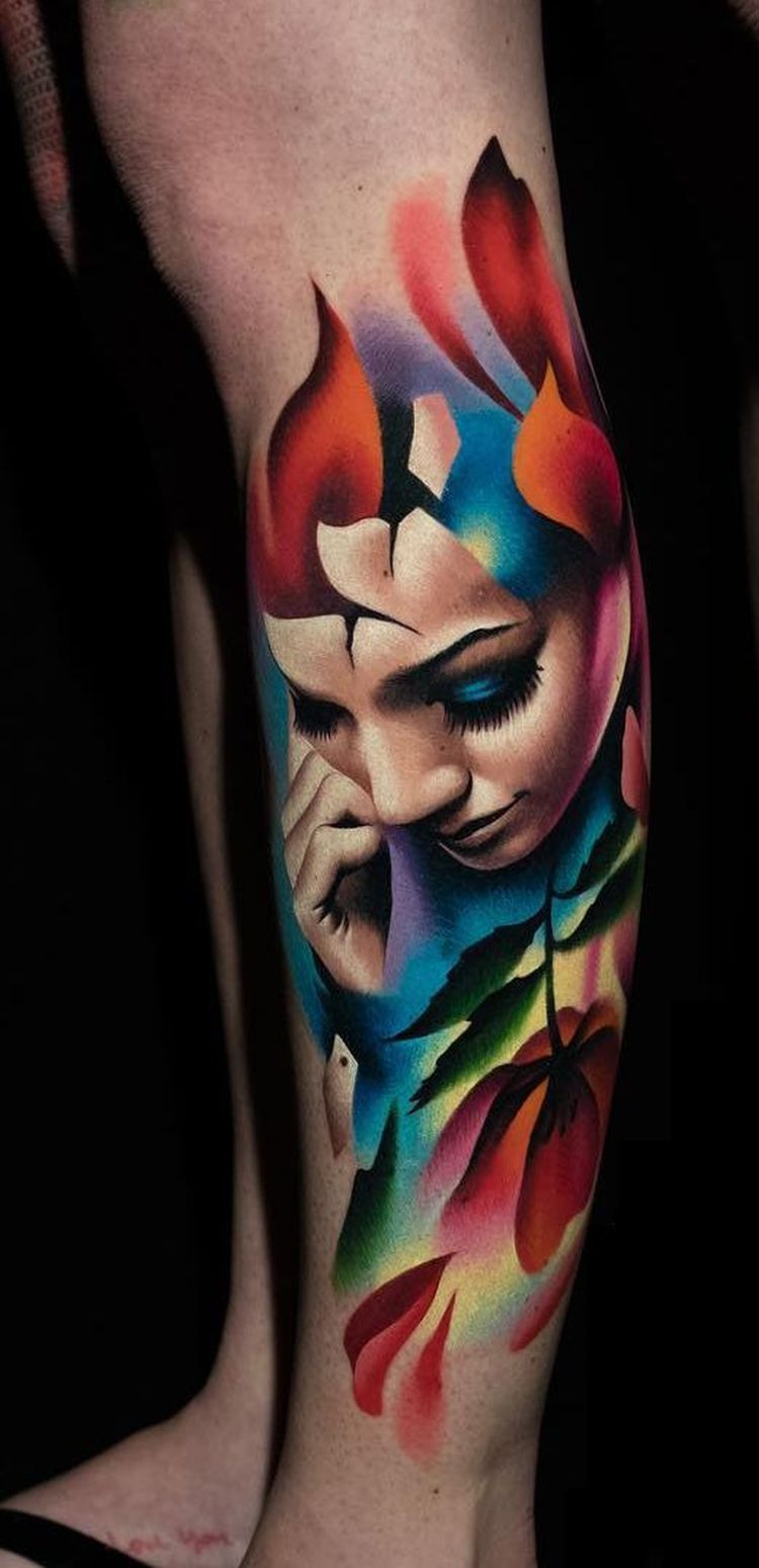 Flames and Flowers Portrait Art Tattoo on skin