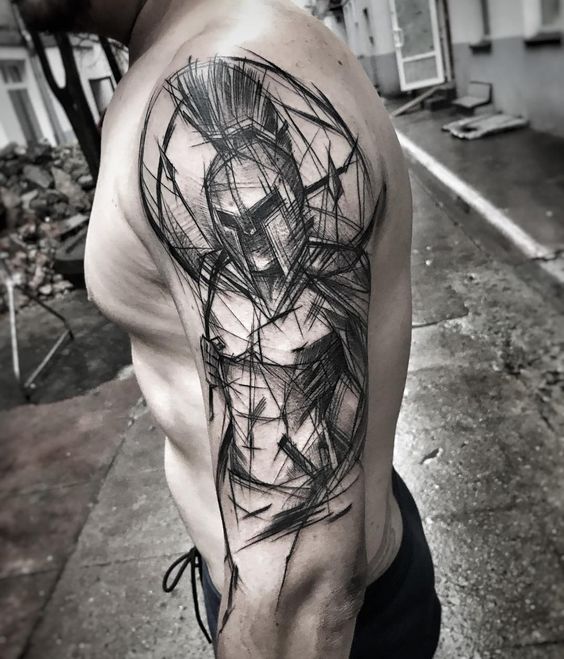 Graphic Black and White Tattoo of Gladiator Tattoo on skin