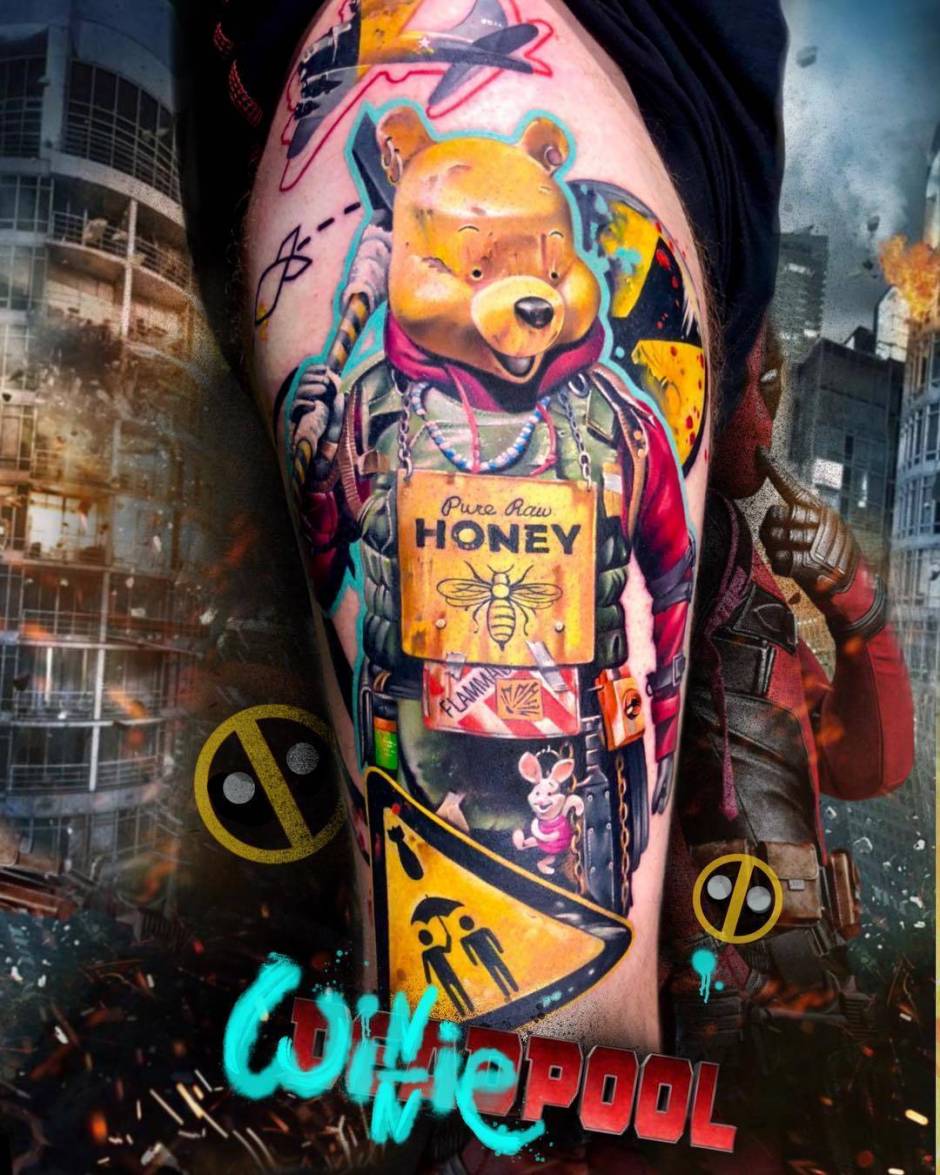 Hyper-Realistic Deadpool Winnie the Pooh Tattoo on skin