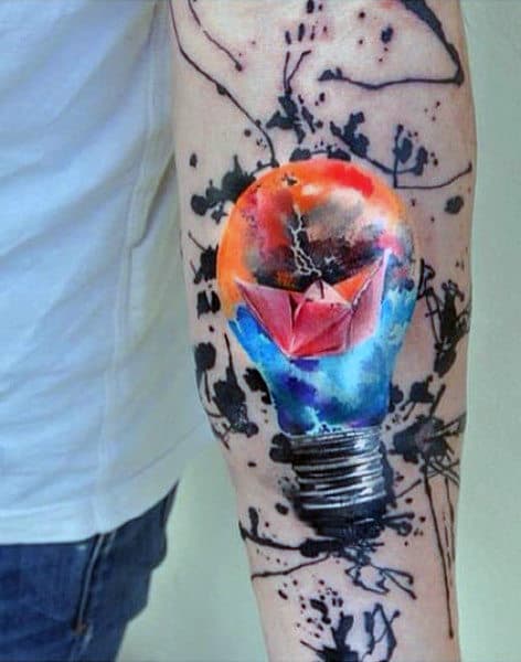 Origami Lightbulb Storm and Splatter Tattoo on skin
